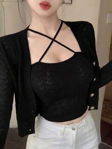 Lightweight Knitted Camisole Cover Up Set For Women, Thin Shawl Collar Shrug Sunscreen Cover Up, Spring/Summer - Black - View 3