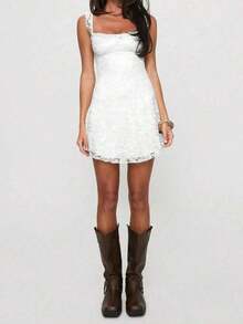 Elegant Fashion Ruffle Strap Bow Design Lace Patchwork Sleeveless Slim Fit Mini Dress Party - 白色 - 查看 7