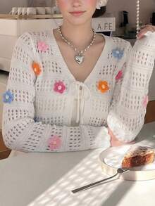 2026 Spring/Summer New Arrival Sweet Floral Hollow Bow-Tie V-Neck Long Sleeve Knitted Cardigan - Multicolor - View 5