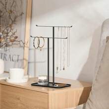 Necklace Holder Jewelry Organizer Stand 2‑Tier T‑Bar Jewelry Display Tree With Tray For Countertop Necklace Bracelet Earring Storage Vanity Dresser Bathroom Sink Black - 黑色 - 查看 4