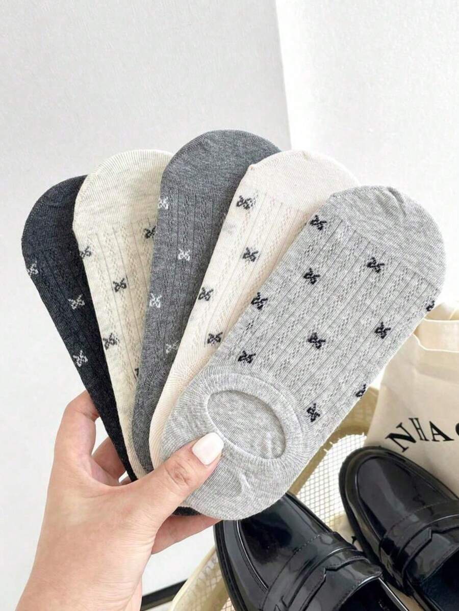 5 Pairs Women's Sweet Bow Minimalist Invisible Boat Socks, Breathable Mesh Socks, Suitable For Spring & Summer - Multicolor - View 1