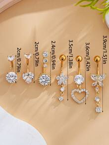 6件套18K镀金不锈钢肚脐环套装，蝴蝶、心形、双心形镶嵌锆石，经典女士穿刺饰品，节日佩戴 - 金黃色 - 查看 5