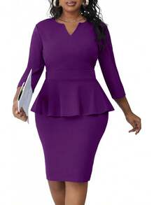 Plus Size Vintage Peplum Pencil Dress For Work Or Church - 紫色 2 - 查看 1