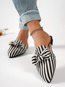 Women's Spring/Autumn Korean Style Pointed Toe Light Blue Bowknot Vertical Striped Design Versatile Plus Size Flat Slip-On Mule Slippers, Casual & Slouchy Style, Fashion Indoor/Outdoor Leisure Home Slippers - Black and White - View 5