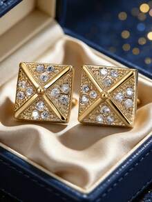 Women's Gold-Plated Square Stud Earrings, Featuring Criss-Cross Texture And Fully Embedded Zirconia Stones, Minimalist Elegant Design, Suitable For Daily Commute And Workwear, An Ideal Gift For Fashion Enthusiasts - Gold - View 1