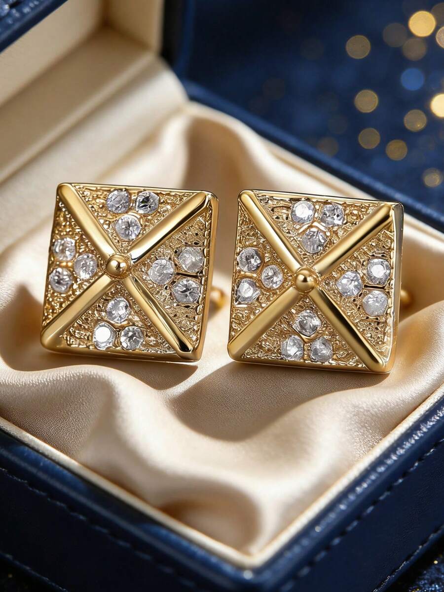 Women's Gold-Plated Square Stud Earrings, Featuring Criss-Cross Texture And Fully Embedded Zirconia Stones, Minimalist Elegant Design, Suitable For Daily Commute And Workwear, An Ideal Gift For Fashion Enthusiasts - Gold - View 1
