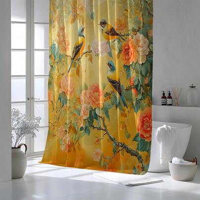 1 tấm rèm tắm in hình hoa và chim, chất lượng cao, phù hợp với phòng tắm hiện đại, rèm tắm dùng được cả bốn mùa, kèm 12 móc treo.