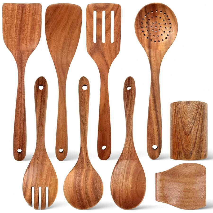 AIUHI 9件套木勺烹饪用具套装，带勺架，天然木质不粘锅厨具
