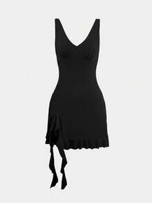 欧美风女士性感V领不对称露背迷你连衣裙，夏季百搭派对礼服，优雅迷人 - 黑色# - 查看 2