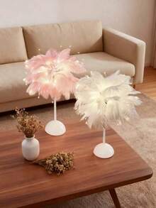1 pezzo Lampada da scrivania con piume rosa e bianche, stile moderno e minimalista, luce decorativa da scrivania, lampada con piume carina e romantica, luce notturna decorativa calda, adatta per camera da letto di ragazze, scrivania dell'ufficio, San Valentino, compleanno, decorazione del soggiorno, crea un'atmosfera romantica come regalo romantico - Multicolore - Visualizzare 10