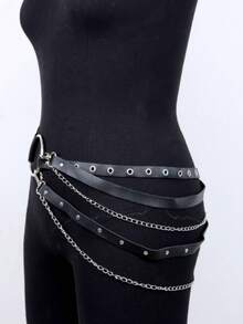 Punk PU Leather Waist Belt With Chains | O-Ring Design Waist Harness For Women - Black - View 5