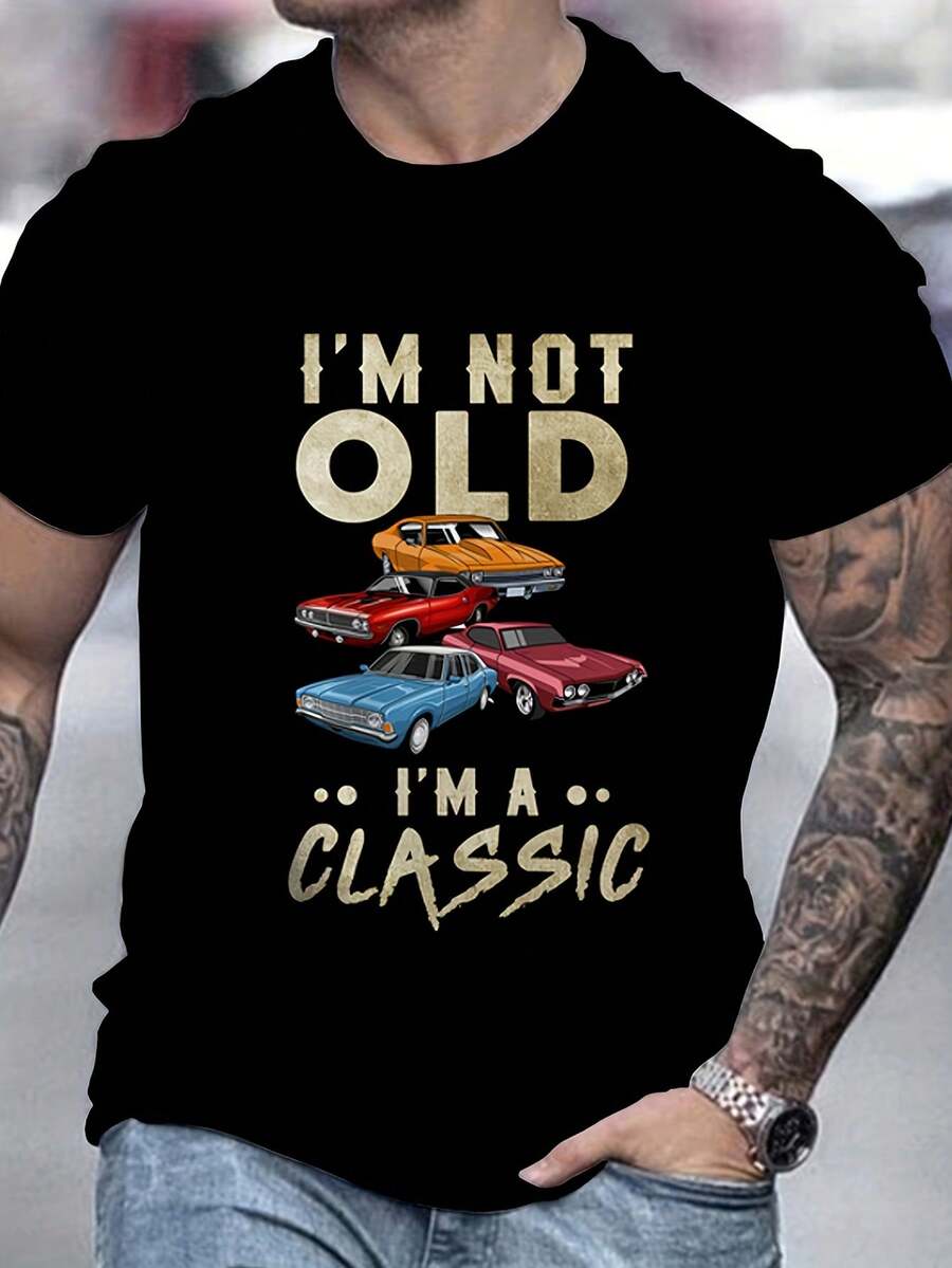 Camiseta de hombre con estampado de la frase "No soy viejo", de verano, casual, de cuello redondo, manga corta, para actividades al aire libre, regalos. - Negro - Ver 1
