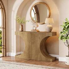 LITTLE TREE 105cm Farmhouse Console Table Rustic Sofa Table C-Shaped Legs Narrow Entryway Hallway Living Room Table Brown - Brown - View 5