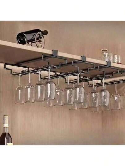 1个高脚玻璃杯架，橱柜下酒杯架，厨房悬挂式金属玻璃收纳架，免钉玻璃杯收纳架，黑色，节省空间，安装简便，防滑，适用于家庭、酒吧、厨房、咖啡馆、办公室和酒店，价格实惠