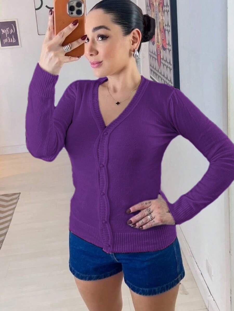 Beautiful, Fashionable, Lightweight Knit Cardigan With Buttons And Elastane. (Super Shipping!) - Roxo - View 1