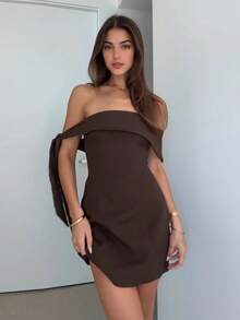 European And American Fashion Casual Elegant Off Shoulder High Waist Sexy Design Brown Dress, Party/Dating Outfit, Summer Dress For Women - Brown - View 3