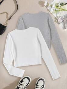 2026年春季穿搭新款！優質的100%純棉長袖,y2k女士舒適時尚花卉圖案簡約T卹，法式田園風，擁抱自然、享受慢生活設計，夏季街頭時尚百搭單品讓你魅力四射，修身款女士上衣. - 灰色 - 查看 9