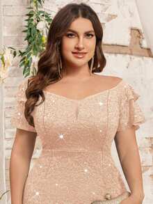 Plus Off Shoulder Ruffle Sleeve Sequin Floral Lace Contrast Mesh Ruffle Hem Evening Party Long Dress, Homecoming Dress, For Prom, Wedding Guest, Graduation - Rượu sâm banh - Xem 7