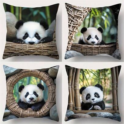 4 أغطية وسادة بنمط الغابة الخيزرانية، مقاس 45 * 45 سم، غطاء وسادة مريح من البوليستر مع إغلاق بسوستة، مثالي لديكور غرفة المعيشة والسيارة، ديكور الباندا، مناسب لأريكة ديكور المنزل، بدون نواة وسادة