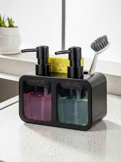 4-In-1 Kitchen Soap Dispenser Set - Dual Pump Hand Soap/Dish Soap Dispenser With Sponge Holder And Brush Holder, Practical Kitchen/Bathroom Soap Dispenser, Kitchen Organizer, Refillable Soap Bottle, Kitchen Accessories, Bathroom Accessories, Home Storage, Modern Home Decor, Back To School Decor