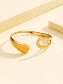1pc Elegant Vintage Coin Style Thick Heavy Metal Smooth Open Bangle Bracelet, Stainless Steel 18K Gold Plated Geometric Wave Design Dress Accessory, Daily Wear - Geometry - View 6