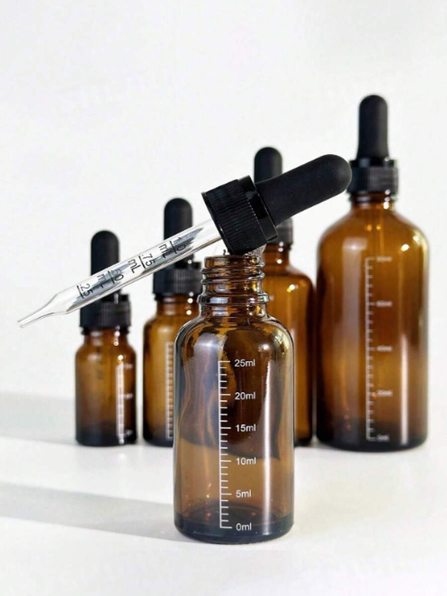 Botellas cuentagotas graduadas, botellas de vidrio de varios tamaños y capacidades, botellas de perfume de vidrio, botellas cuentagotas de vidrio ámbar adecuadas para reactivos, gotas para los ojos y líquidos de aromaterapia; botellas de muestra de viaje rellenables de color marrón opaco adecuadas para esencias. - Marrón - Ver 1