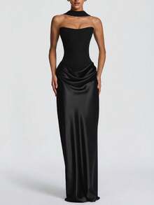 Imperial Style Fashion Temperament Elegant Women's Clothing Spicy Fish Bone Strapless Dress Waist Pleated Sexy Ribbon Satin Bread Buttocks Skirt - 黑色 - 查看 2