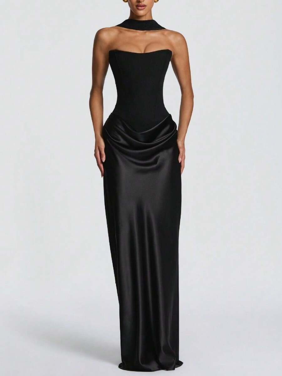 Imperial Style Fashion Temperament Elegant Women's Clothing Spicy Fish Bone Strapless Dress Waist Pleated Sexy Ribbon Satin Bread Buttocks Skirt - 黑色 - 查看 1