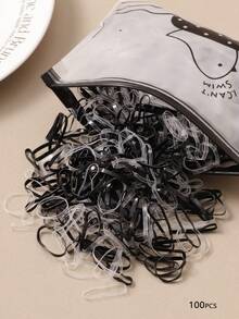 100/300/500pcs/Set Black & Transparent Medium Elastic Hair Ties, Wide Basic Hair Accessories - Multicolor - View 7