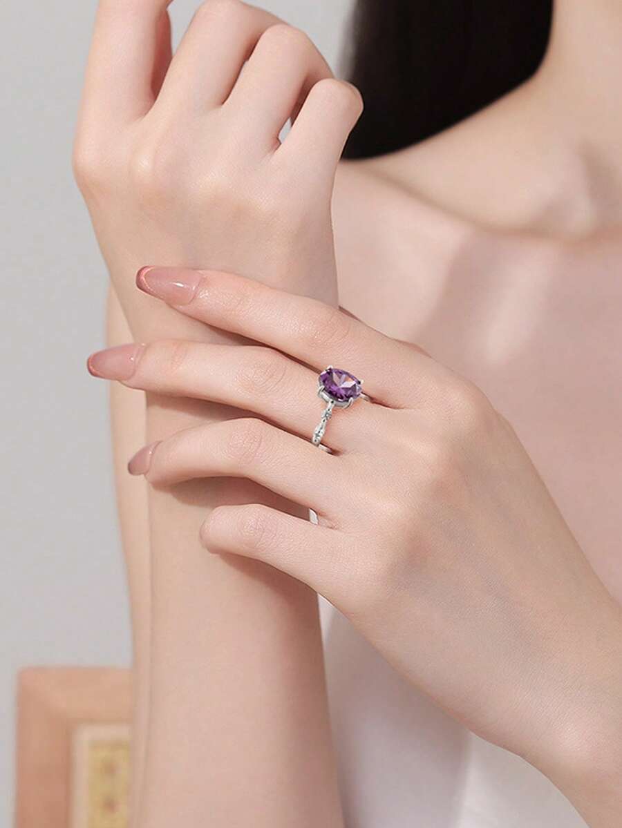 Nhẫn đá giả thạch anh tím hình bầu dục tối giản, thanh lịch, đá topaz, kiểu dáng hở, có thể điều chỉnh kích thước, đa năng cho đeo hàng ngày, ngày lễ, dự tiệc, du lịch. - nhẫn - Xem 1
