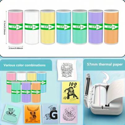 Pacote com 7 a 14 rolos de papel adesivo mini, 57 mm, compatível com mini impressora de bolso. Adesivos térmicos autoadesivos coloridos em miniatura, ideais para anotações de estudo, diários e fotos.