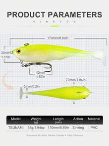 Kingdom 1件装 TSUNAMI 170mm 55g 沉水软饵，3D打印T型尾泳饵，配有强力双钩，逼真PVC软饵，适用于淡水和海水钓鱼，送给男士、爸爸、丈夫的酷炫钓鱼礼物 - 彩色 - 查看 3