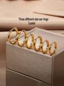RAYQUEEN 3 Pairs Stainless Steel Versatile Hip-Hop Minimalist Fashion Gold Hoop Earrings, Suitable For Daily Wear And Gift - Set - View 8