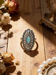 Anillo vintage con plata desgastada y turquesa, anillo bohemio exagerado - Plateado - Ver 5