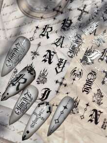1 Sheet Black & White Gothic Nail Art Stickers - New Arrival - Fashionable Rebellious - Exquisite Letter, Cross, And Star Patterns, Suitable For DIY Personalized Nails, Ideal Choice For Gothic Nail Art Enthusiasts - Đen 2 - Xem 4