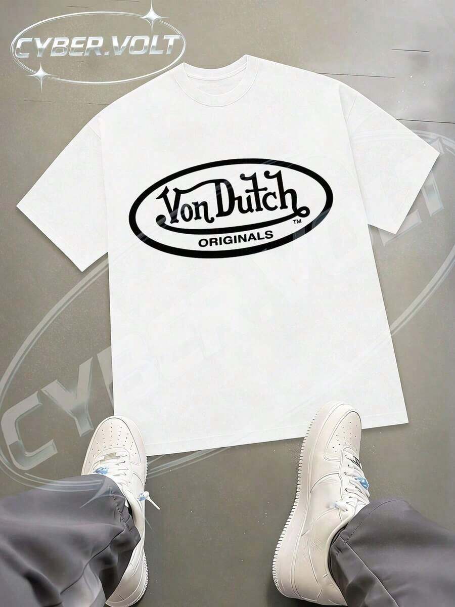 Dutch Manfinity Y2K Style Print (180g Pure Cotton T-Shirt) Cotton T-Shirt - Soft And Breathable, Green Print 100% Pure Cotton Fabric - Comfortable And Vibrant Summer Streetwear Short-Sleeved T-Shirt, Cool Motorcycle Design, Vintage Summer Men's Everyday Wear T-Shirt - 白色 - 查看 1