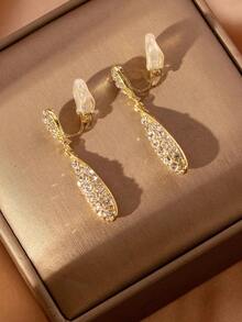 1pair No Piercing Rhinestone Water Drop Clip-On Earrings, Personalized Fashion Jewelry For Women, Birthday Gift - 黃金 - 查看 3