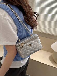 1pc New Minimalist Casual Versatile Embroidered Box Bag, Lunch Box Crossbody Bag, Popular Small Shoulder Bag For Holiday Season - Silver - View 5