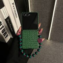 Korean Simple Dark Green Straw Mat Pattern Phone Case With Beads Chain Compatible With Samsung Galaxy ZFlip7 Z Flip6 ZFlip 5 Zflip6 Zflip5 Shockproof Back Cover - Dark Green - View 2