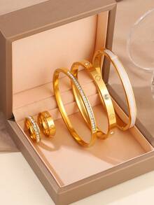 Bộ 5 món vòng tay và nhẫn bằng thép không gỉ thanh lịch, phù hợp cho cả đi làm hàng ngày và các dịp dự tiệc, là món quà lý tưởng dành cho người thân yêu. - phong cách 1 - Xem 1
