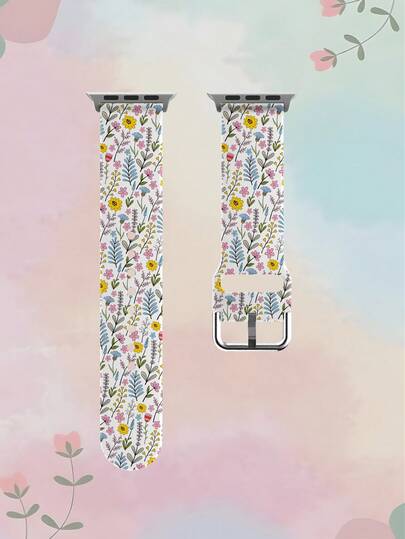 1pc Soft Elastic Breathable Replacement Watch Band With Blue Leaf Yellow Flower Pattern On White Background, Compatible With Samsung, Honor Smartwatches, 38mm 40mm 41mm 45mm 44mm 42mm 46mm 49mm, Floral Casual Daily Gift Silicone Watch Strap Compatible With Apple Watch Ultra SE/11/10/9/8/7/6/5/4/3/2/1