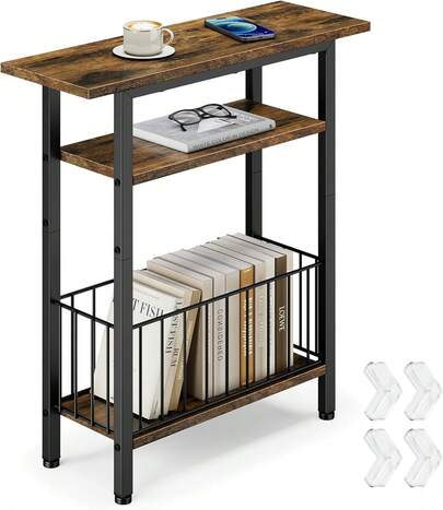 Mesa lateral estrecha con estación de carga, mesa auxiliar lateral para sofá, mesa auxiliar pequeña de 3 niveles para espacios pequeños, mesita de noche delgada de 25.2 de altura para dormitorio, sala de estar, color gris beige