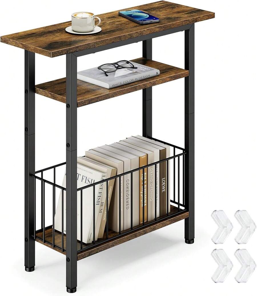 Narrow Side Table With Charging Station, Side End Table Couch, 3-Tier Small End Tables Small Spaces, 25.2 Tall Slim Nightstand Bedside Table Living Room, Bedroom, Greige - Rustic Brown - View 1