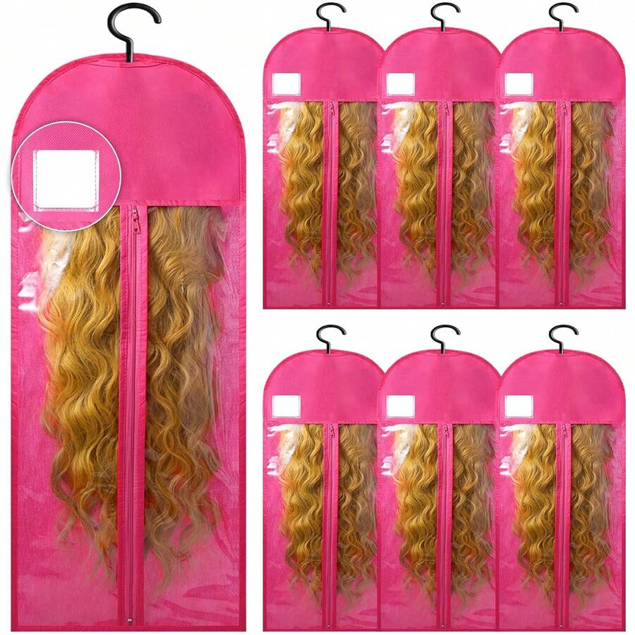 6-Pack Extra Long Wig Storage Bags With Hanger For Travel & Closet - 04 Pink 6PCS - View 1