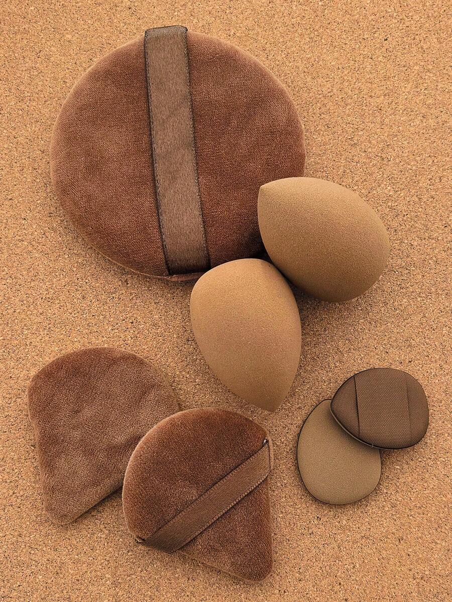 7件套化妆工具套装，包括：2个化妆海绵+2个三角粉扑+2个迷你气垫粉扑+1个圆形粉扑 - 咖啡棕 - 查看 1