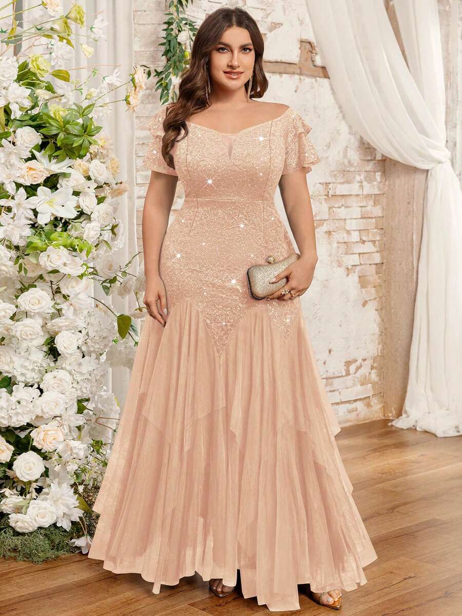 Plus Off Shoulder Ruffle Sleeve Sequin Floral Lace Contrast Mesh Ruffle Hem Evening Party Long Dress, Homecoming Dress, For Prom, Wedding Guest, Graduation - Rượu sâm banh - Xem 1