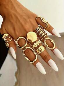 50/20/10/3pcs Women's Vintage Fashion Gold Shiny Chunky Asymmetrical Geometric Liquid Shape Ring Set, Luxury Stackable Rings Suitable For Daily Wear, Parties, Dates And Other Occasions, Versatile Accessory, Great Gift For Her - Yellow Gold - View 5