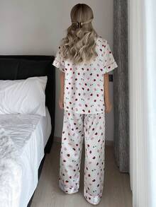 2pcs Strawberry Print Lapel Short Sleeve Top And Pants Women Pajama Set - White - View 6
