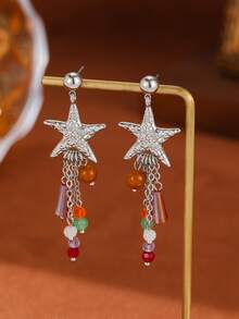 1对女士星形链条流苏耳环，波西米亚风海星流苏串珠耳环，适合夏季海滩度假、婚礼/圣诞节/周年纪念日/情人节等场合佩戴，优雅珠宝礼品 - 海星流蘇耳環 - 查看 7