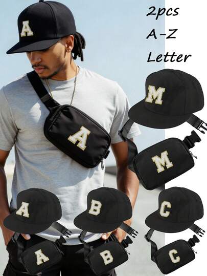 2件套男女通用个性化26字母街头嘻哈帽和斜挎包套装，户外街头平沿嘻哈帽，便携式手机零钱包，适合日常街头风格、户外运动、时尚配饰、节日礼物、购物旅行、父亲节礼物